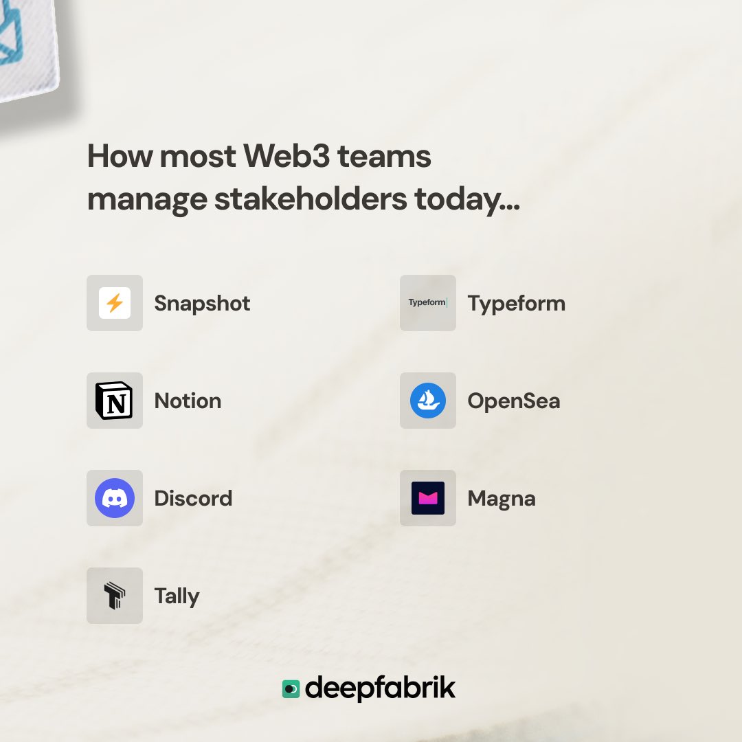 Jdsears's tweet photo. 1/
Most Web3 projects are duct-taping together 6+ tools just to manage stakeholders:
•Snapshot for voting
•Notion for contributors
•Tally for proposals
•Discord bots for roles
•Typeform for onboarding
•OpenSea for NFTs
•Magna for token management

It’s chaos. https://t.co/m1nC9ibPzf