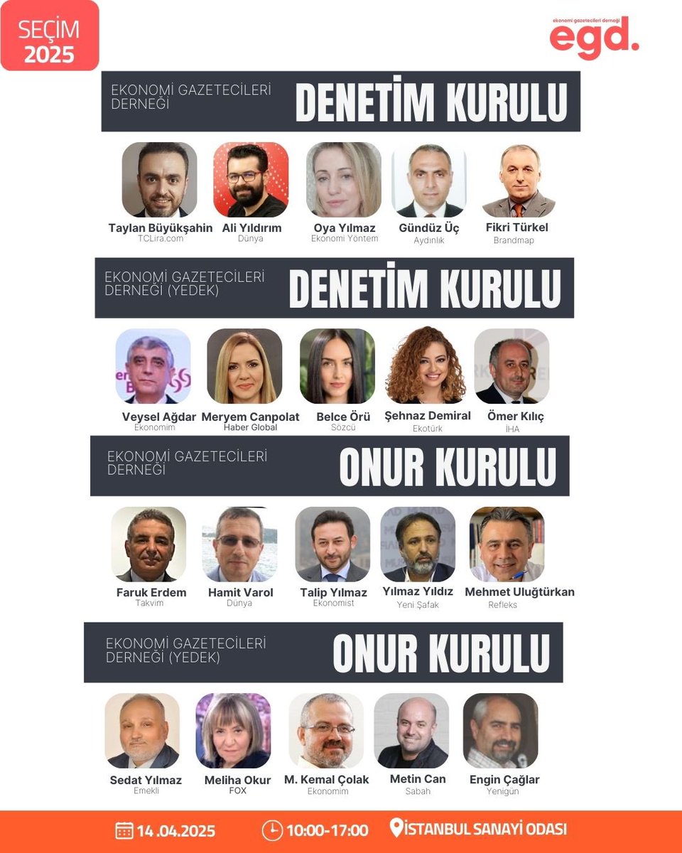 Hasan Arslan (@hasannarslann) on Twitter photo Tüm meslektaşlarımızı, Ekonomi Gazetecileri Derneği’nin 14 Nisan Pazartesi günü olağan genel kurulunda oy kullanmaya davet ediyoruz.
<a href="/mrecepercin/">Recep Erçin</a> <a href="/BarisErgin_/">Barış Ergin</a> <a href="/SibelAtik1/">Sibel Atik</a> <a href="/MuratGulderen/">Murat Gülderen</a> Aysel Yücel <a href="/blc_deniz/">Deniz Bilici</a> <a href="/pamukhusne/">Hüsne Pamuk</a> Gülay Sarıkaya Yücel <a href="/SayimeBasci/">SayimeBaşçı</a> Yavuz Müftüoğlu Tüm meslektaşlarımızı, Ekonomi Gazetecileri Derneği’nin 14 Nisan Pazartesi günü olağan genel kurulunda oy kullanmaya davet ediyoruz.
<a href="/mrecepercin/">Recep Erçin</a> <a href="/BarisErgin_/">Barış Ergin</a> <a href="/SibelAtik1/">Sibel Atik</a> <a href="/MuratGulderen/">Murat Gülderen</a> Aysel Yücel <a href="/blc_deniz/">Deniz Bilici</a> <a href="/pamukhusne/">Hüsne Pamuk</a> Gülay Sarıkaya Yücel <a href="/SayimeBasci/">SayimeBaşçı</a> Yavuz Müftüoğlu