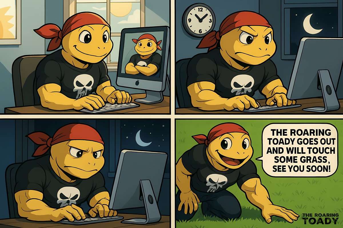 From dawn to dusk, Roaring Toady stays on the grind — but even legends know when it’s time to touch some grass.

The $Turbo Community knows balance: 

create🎨, laugh 😆, recharge 🔋. See you soon!