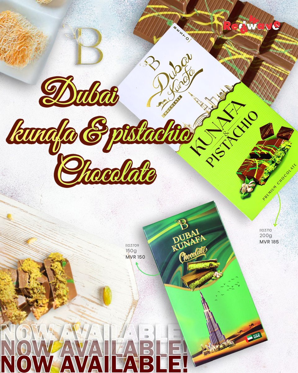 redwavemaldives's tweet image. Woowww!! 😍😋
Dubai Kunafa &amp;amp; Pistachio Chocolate now available from Redwave outlets.
Layers of delight: rich chocolate shell, nutty pistachio and traditional kunafa filling. A  delicacy you won't forget.

#Redwave #dubaichocolate #kunafachocolate