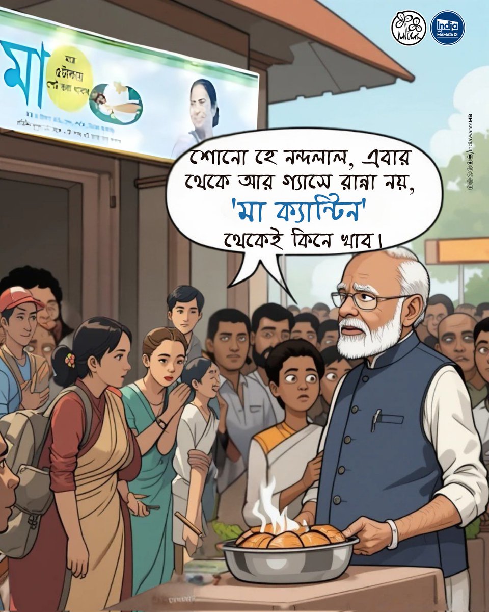 IndiaWantsMB's tweet photo. Every month, gas prices keep rising while salaries stay the same. For many families, cooking at home has become a luxury. The cost of a gas cylinder now burns a bigger hole in pockets than the flame it produces. Amid all this, the Modi government looks the other way - serving up promises while the people struggle to serve a simple meal. No wonder more and more people are lining up at ‘Ma Canteen’ - because it’s now cheaper to eat out than to cook in!

#MaCanteen
#DidiThinksForAll
#MamataBanerjee 
#IndiaWantsMamataDi