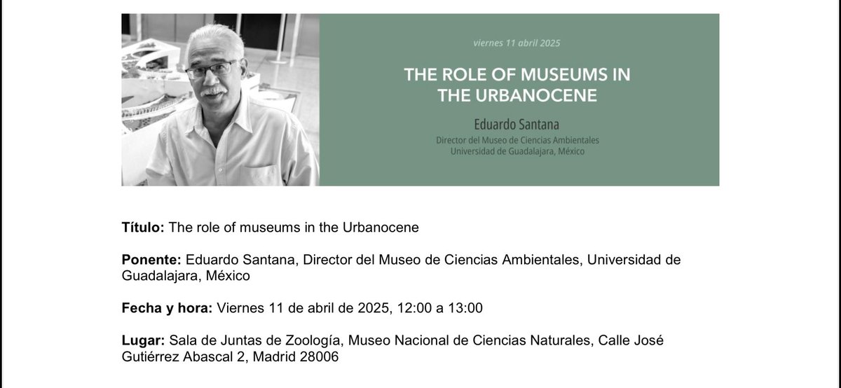 Borja Milá (@borjamila) on Twitter photo Este viernes a las 12:00 en <a href="/mncn_csic/">Museo Nacional de Ciencias Naturales</a> charla de Eduardo Santana sobre los museos de historia natural en el “urbanoceno” 👌👌 All welcome!! Este viernes a las 12:00 en <a href="/mncn_csic/">Museo Nacional de Ciencias Naturales</a> charla de Eduardo Santana sobre los museos de historia natural en el “urbanoceno” 👌👌 All welcome!!