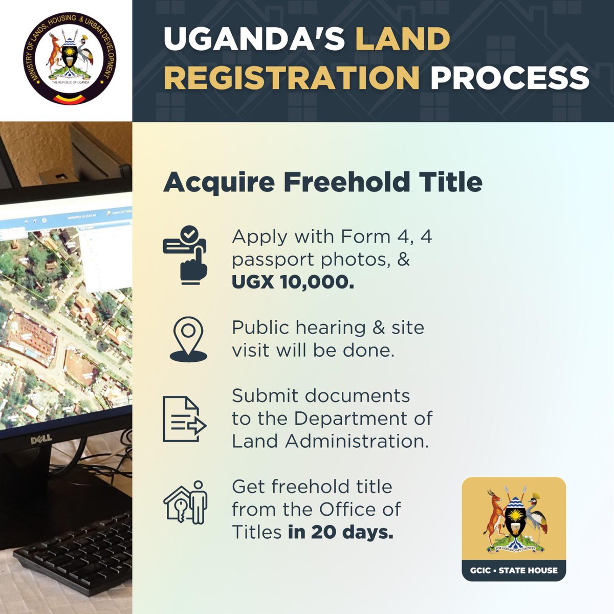 Ready to own land under freehold tenure?
Apply using Form 4, 4 passport photos, and UGX 10,000. After a public hearing and site visit, your title will be ready in 20 days. #OpenGovUg <a href="/ministry_lands/">Ministry of Lands,Housing and Urban Development</a>