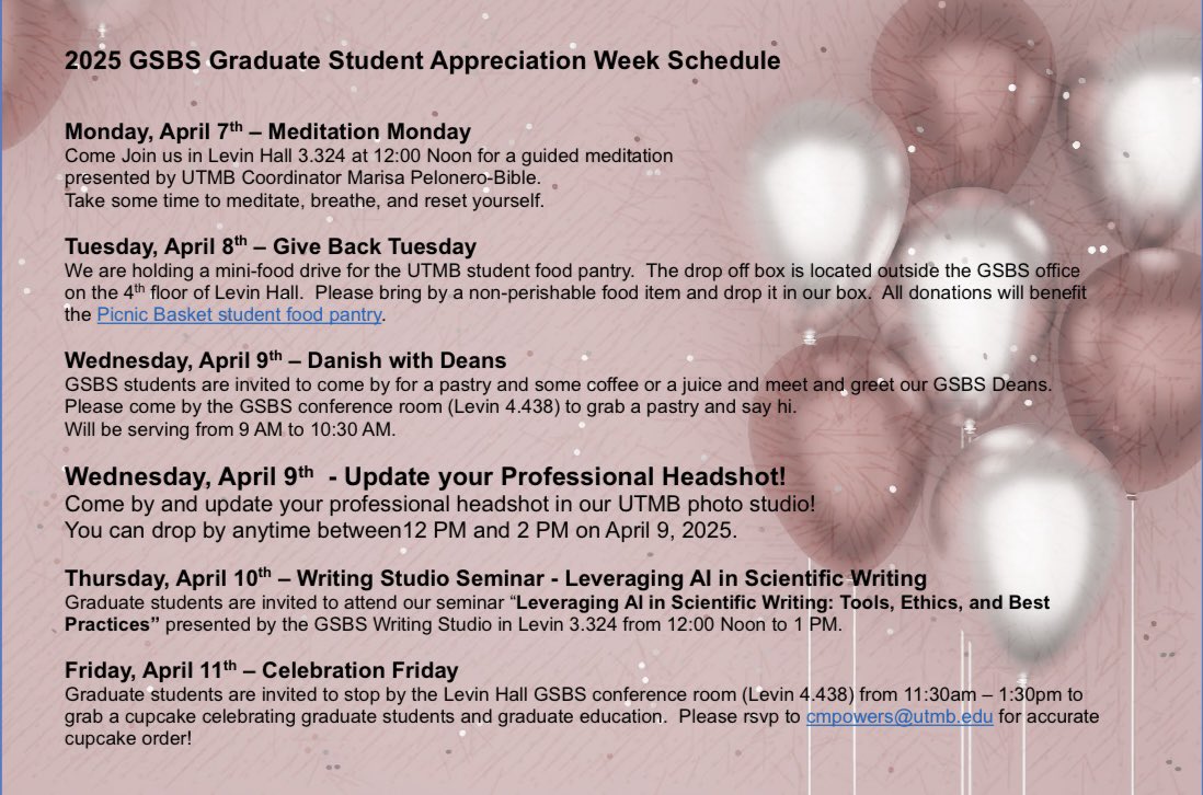 *TODAY*
GSBS Students, don’t forget to stop by the GSBS conference room between 9-10:30am for pastries, coffee and juice, and the photography studio between 12-2pm for your FREE HEADSHOT to help celebrate Graduate Student Appreciation Week!
