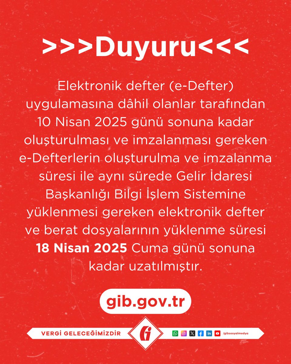 gibsosyalmedya's tweet photo. Elektronik defterlerin oluşturulma ve imzalanma süresi ile elektronik defter ve berat dosyalarının Gelir İdaresi Başkanlığı Bilgi İşlem Sistemine yüklenme süresinin uzatılmasına ilişkin 186 Sıra No’lu VUK Sirküleri’nesitemizden (https://t.co/OptwjIi36z) ulaşabilirsiniz.

https://t.co/ePHoVxn8O5

#GİB #VergiGeleceğimizdir