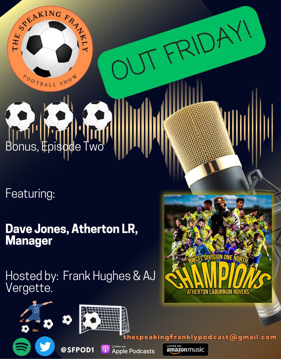 Frank Hughes (@skemutdfc1882) on Twitter photo Exciting bonus episode this week! We're chatting with <a href="/David_Jones_1/">David Jones</a>, manager of <a href="/AthertonLRFC/">Atherton Laburnum Rovers F(C)</a>, who just won the <a href="/nwcfl/">The NWCFL ⚽️</a> Div 1 North title! Share any questions you have for us!
thespeakingfranklypodcast@gmail.com Exciting bonus episode this week! We're chatting with <a href="/David_Jones_1/">David Jones</a>, manager of <a href="/AthertonLRFC/">Atherton Laburnum Rovers F(C)</a>, who just won the <a href="/nwcfl/">The NWCFL ⚽️</a> Div 1 North title! Share any questions you have for us!
thespeakingfranklypodcast@gmail.com