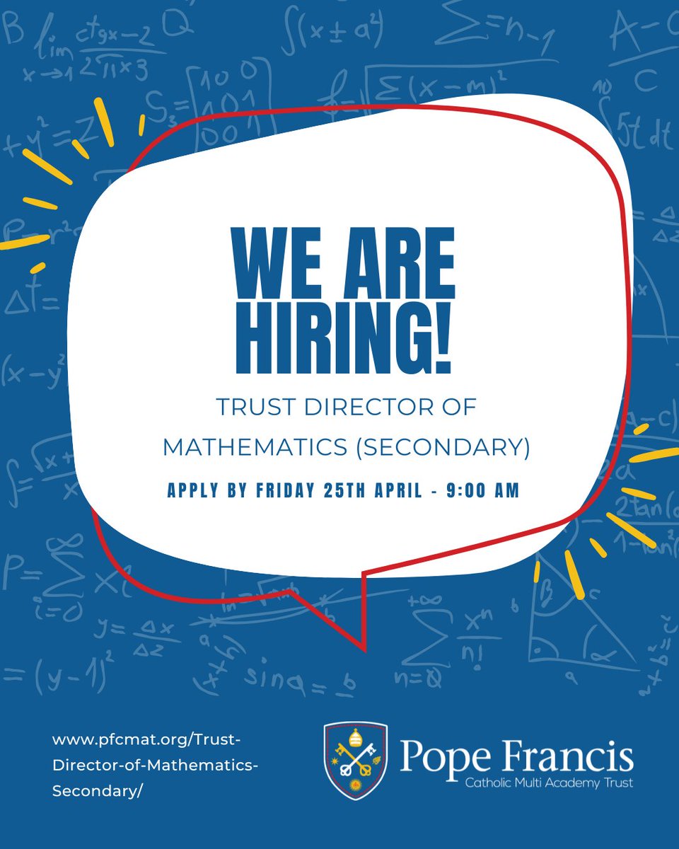✍️📣We are excited to advertise for the post of Trust Director of #Mathematics (Secondary).

Learn more about the role here: pfcmat.org/Trust-Director…

Apply by 9am on Friday 25th April

#STEMCareers #EducationJobs #MathsLeadership #TeachingJobs