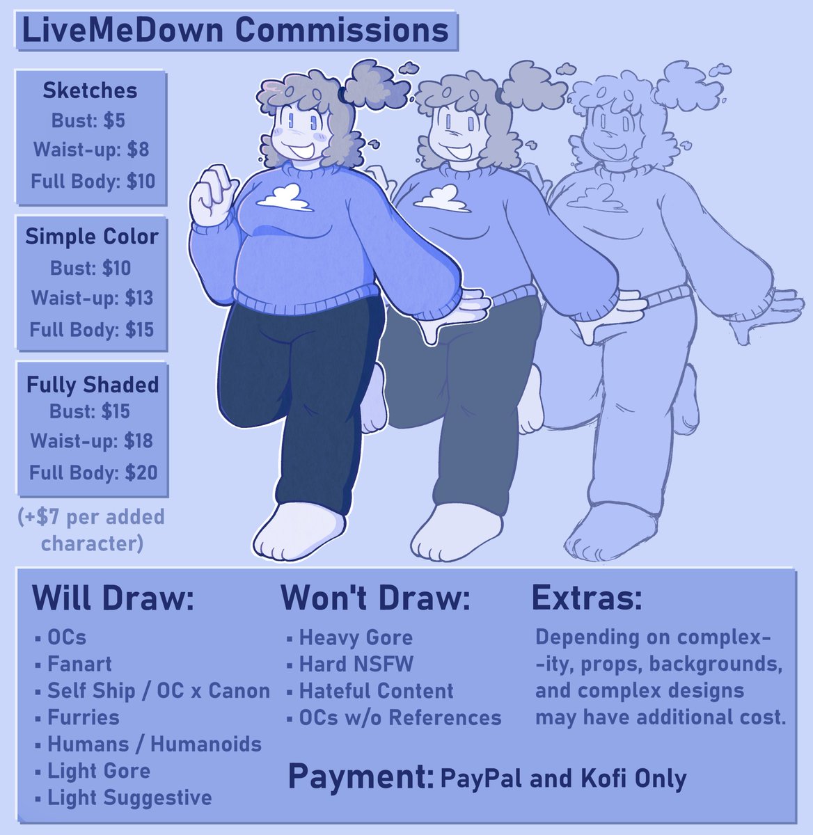 LiveMeDown's tweet image. Even though I don't use my twitter anymore for the most part, I might as well slap my updated comm sheet here. Huzzah