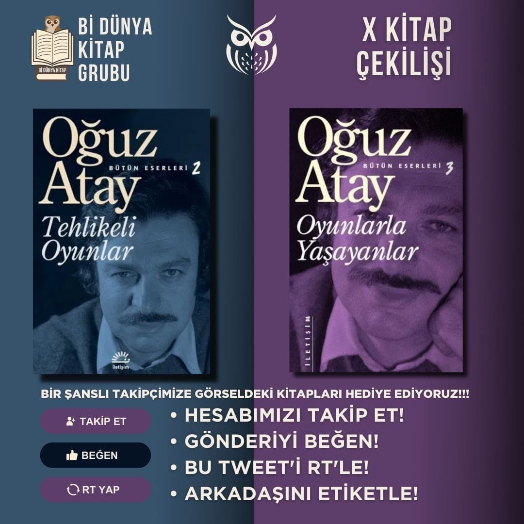 Merhaba Sevgili Okurlar!

Sayfamızı takip eden, bu gönderiyi beğenen, paylaşan ve yorumlara "Arkadaşını etiketleyen" bir takipçimize Oğuz Atay’ın bu iki  güzel eserini hediye ediyoruz.🥳 Katılım için son tarih 15.04.2025
(Unutmayın ; ne kadar çok arkadaşınızı etiketlerseniz