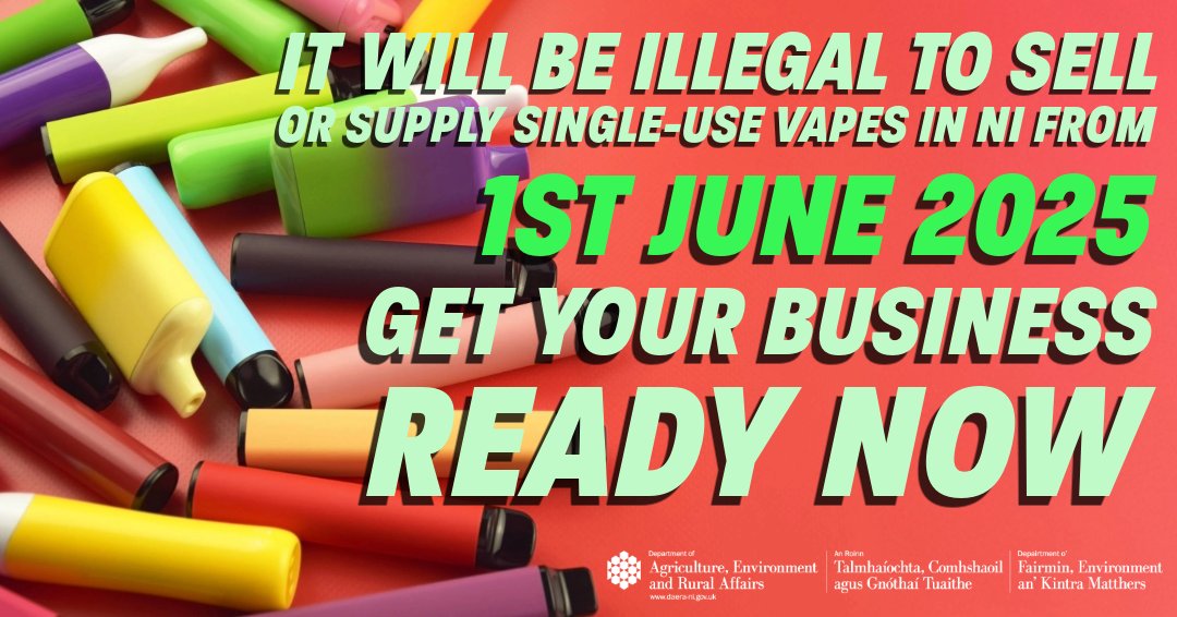 📢 The sale and supply of single-use vapes in Northern Ireland will be banned from June 1, 2025

The ban follows strong support in response to a UK-wide consultation on creating a smoke free generation, tackling youth vaping  &amp; reducing waste.

🔗More at daera-ni.gov.uk/topics/waste-e…