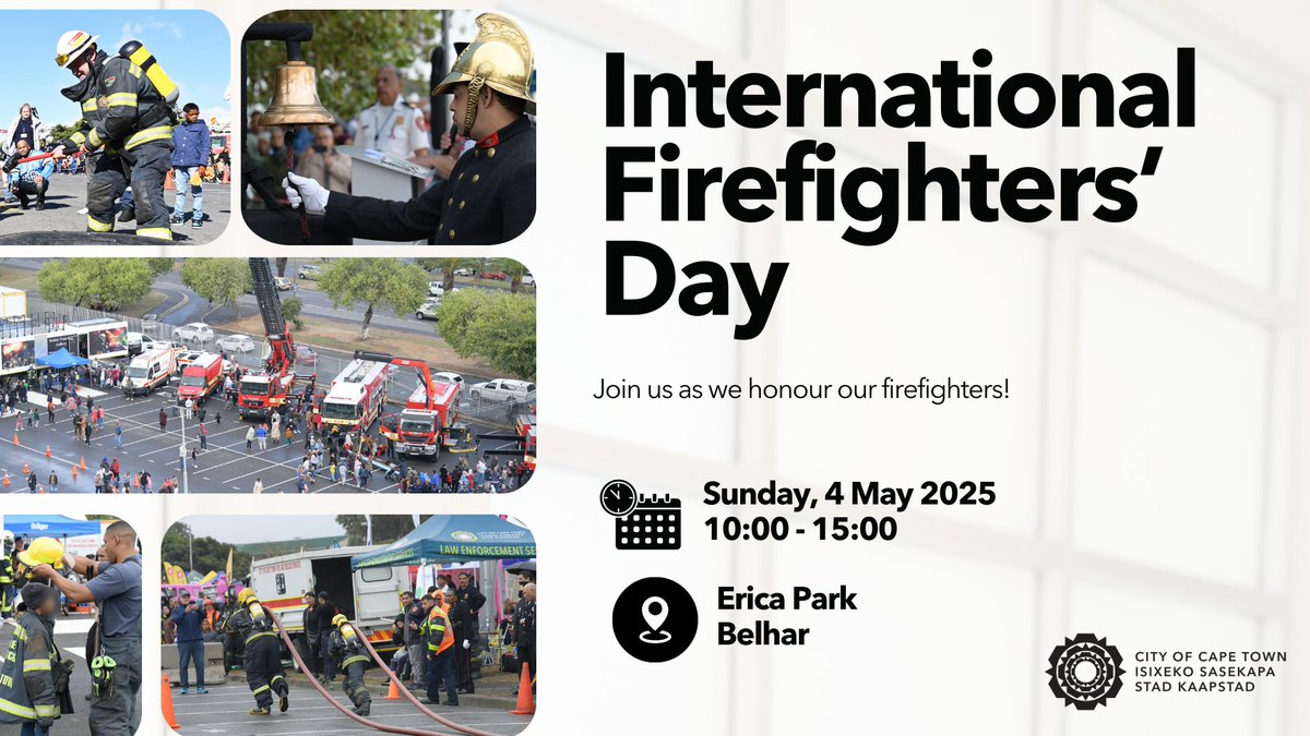 CityofCT's tweet photo. International Firefighters’ Day loading …

Join us in Belhar this year to celebrate Cape Town’s firefighters. We’ve got activities for the whole family, so show up or miss out. May the 4th be with you!

#InternationalFirefightersDay #CTEvent https://t.co/ei3Tt1mHPh