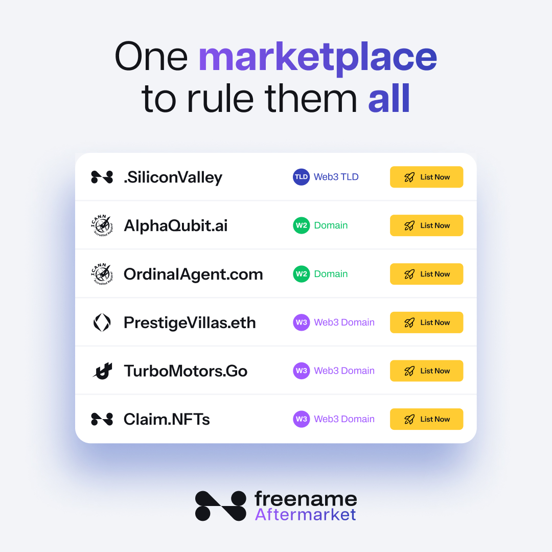 freename's tweet photo. 🚪 One login. Endless opportunities.

@freenamemarket is the first unified marketplace where ALL DOMAINS gather together.
List your .com, .eth, and more.

📍 One dashboard, one place, full control.

Try it now on https://t.co/qOY7Uhx7yk https://t.co/3IJYXZiAWw