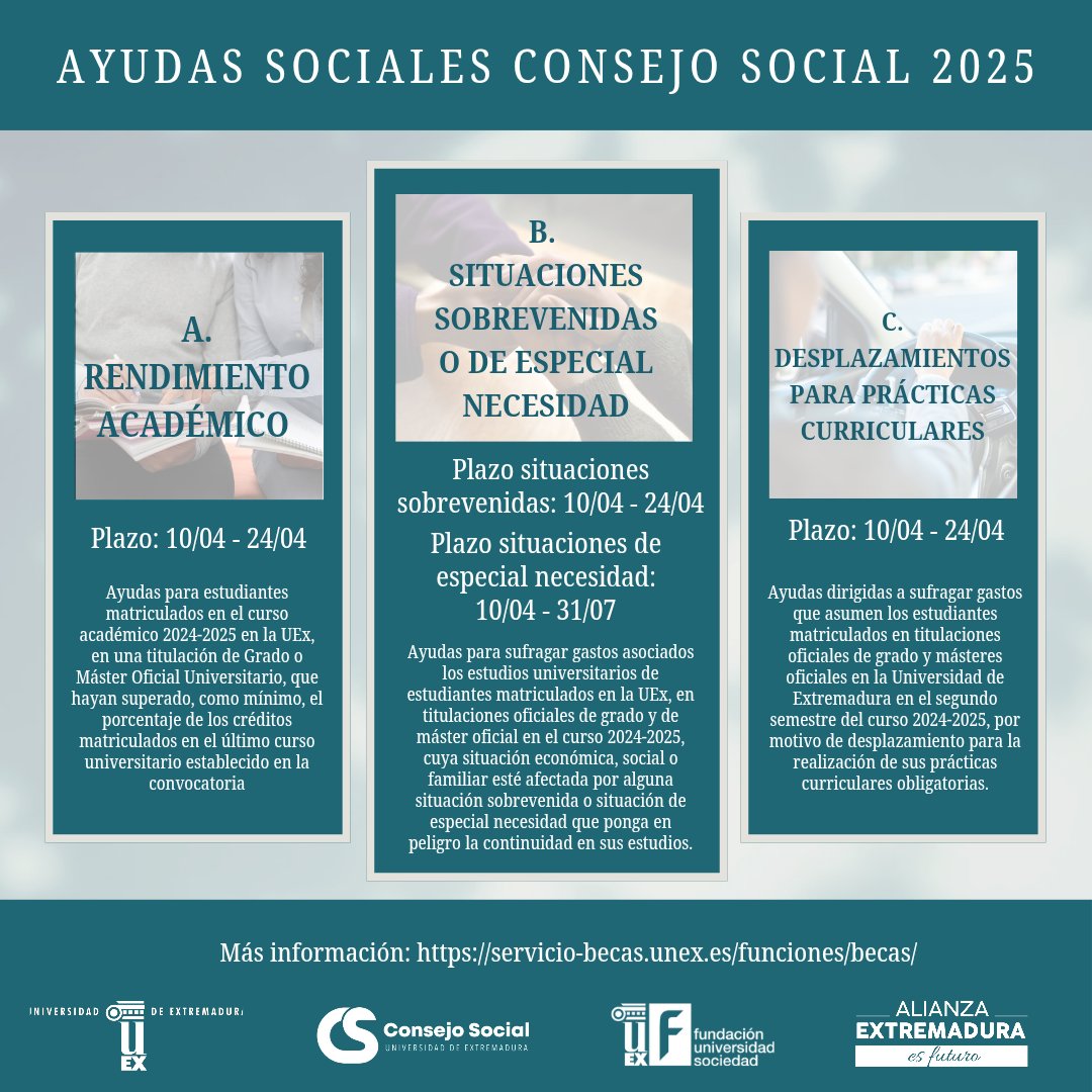 🔵 Nueva convocatoria de Ayudas Sociales del Consejo Social de la UEx 🔵

📚 Rendimiento Académico 
🤝🏽 Situaciones Sobrevenidas o de Especial Necesidad 
🚗 Desplazamientos para Prácticas Curriculares 

📲 acortar.link/IPeK9Y

<a href="/infouex/">UEx</a> <a href="/ceuex_/">Consejo Estudiantes UEx</a> <a href="/FUEx_fundacion/">FUEx (Fundación Universidad-Sociedad de la UEx)</a>