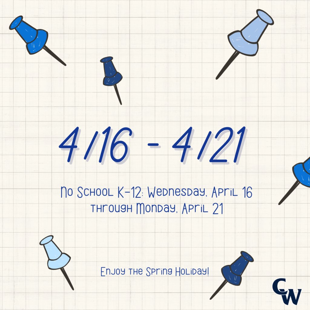 weisereast's tweet image. Reminder! ☀️💐🐰
There will be no school from Wednesday, 4/16 through Monday, 4/21. We will welcome students back on Tuesday, 4/22. Enjoy the Spring Holiday!

#SpringHoliday #WeAreWeiser