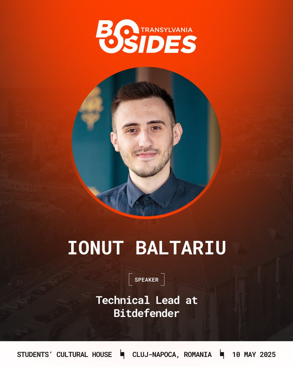 Today, we welcome Ionuț Baltariu to the speaker lineup!

As a Technical Lead in the Core Threat Protection &amp; Intelligence team at Bitdefender, Ionuț is hunting daily for account takeovers, malware, and "malvertising".

👉 Secure your spot now: tickets.bsidestransylvania.com