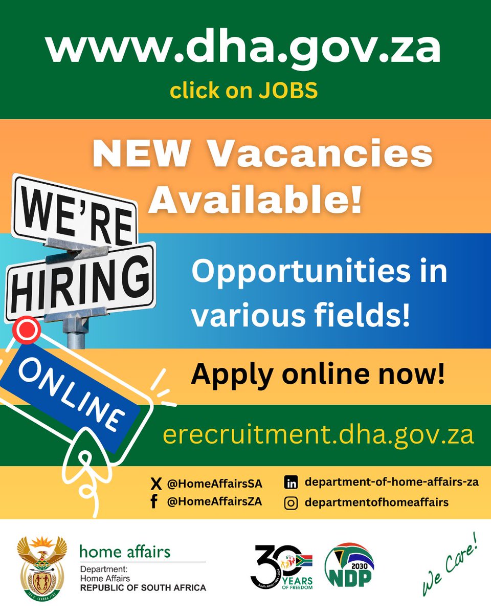 View more #career opportunities here: ow.ly/fgg050VvfAw Download HRMC 11 of 2025 and follow the application instructions! #TeamHomeAffairs #DHAServiceDelivery