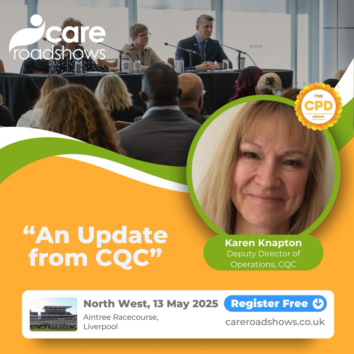 We’ve got an exciting announcement for #CareRoadshow North West! Karen Knapton, CQC, will be joining us at Aintree Racecourse next month. 

Gain insights and updates from the CQC, with a chance to ask questions at the end of the seminar.

Register here: careroadshows-2025.reg.buzz/twitterx