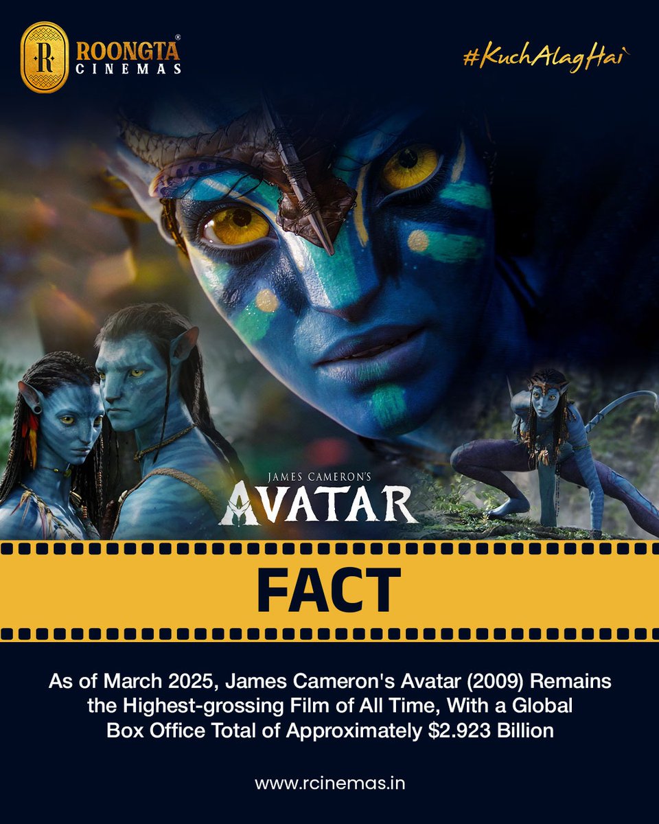 RoongtaCinemas's tweet photo. 🎬 Box Office Royalty! 👑
Even after more than a decade, James Cameron’s Avatar still reigns supreme as the highest-grossing film ever! 🌍💰
$2.923 Billion and counting…
Have you experienced the magic of Pandora on the big screen yet?
#Avatar #BoxOfficeKing #MovieFact https://t.co/y96XTmmhEX