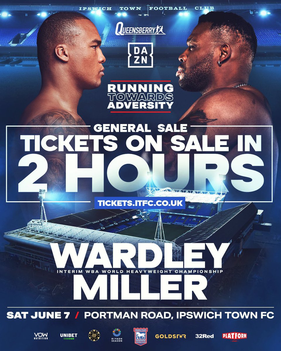 Queensberry's tweet image. For the Interim WBA World Title 👑 

@FabioWardley has the opportunity to take down @BIGBABYMILLER in a mouthwatering showdown 😮‍💨

Tickets on sale in 2 hours 🎟️ tickets.itfc.co.uk/en-GB/categori…

#WardleyMiller | June 7th | @DAZNBoxing | Portman Road Stadium, Ipswich