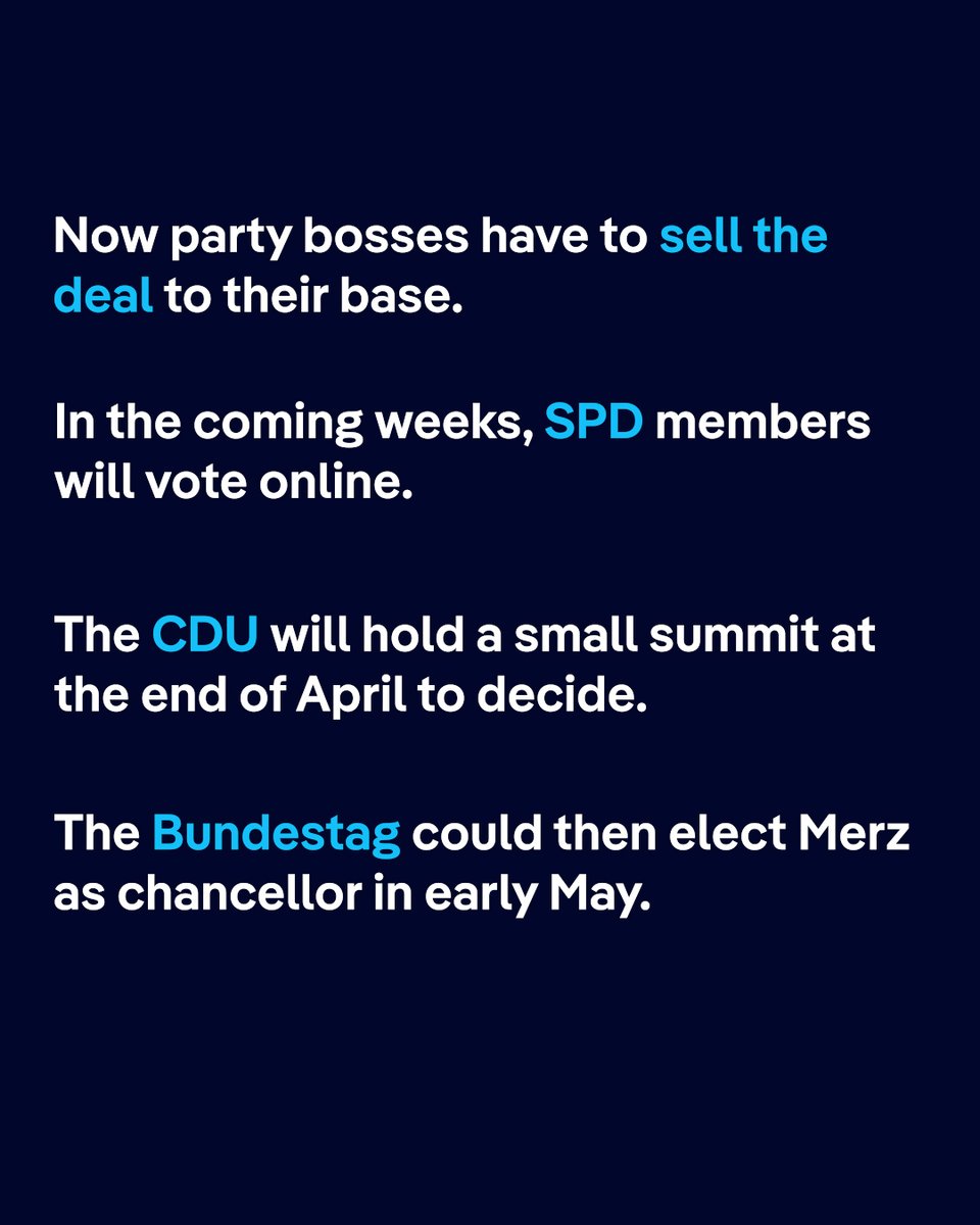BREAKING: Germany's center-right CDU/CSU and center-left SPD said they have reached a coalition agreement that will be presented today.