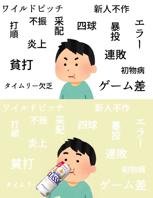 上…贔屓チームが負けた瞬間の野球ファン
下…試合終了から10分後の野球ファン 