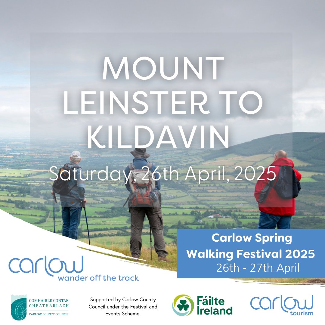 carlowtourism's tweet photo. Explore the Blackstairs Mountains!  Join a 19km walk through stunning views, wildlife &amp; biodiversity. Starts at Nine Stones, ends in Kildavin. 🌿
📅 April 26th, 9 AM
Tickets: https://t.co/5r2egpyzAD
@Carlow_Co_Co @Failte_Ireland #WanderOffTheTrack https://t.co/Wrz8AtPS0a