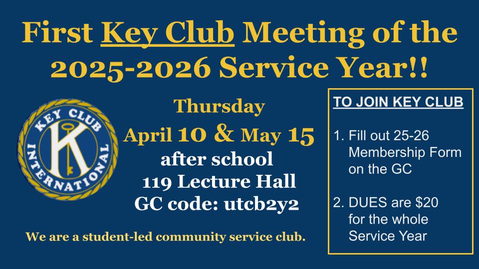 BrickMemorialHS's tweet photo. 🚨 First Key Club Meeting for 2025-2026! 🚨

📅 April 10 &amp; May 15
🕓 After school
📍 119 Lecture Hall
🔑 GC code: utcB2y2
Join our student-led service club! 💙 Fill out the membership form &amp; bring $20 dues! ✍️💵 #BMHS #KeyClub https://t.co/y7GInzioeQ