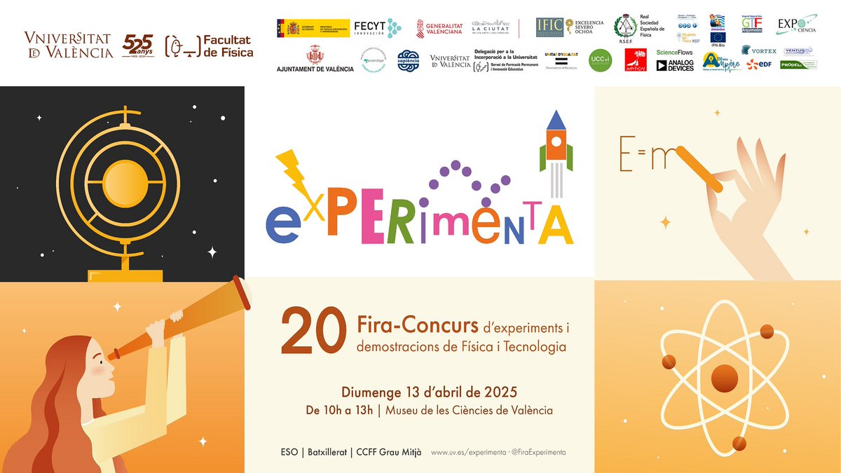 CACiencies's tweet photo. Este diumenge torna la @FiraExperimenta de la @FacFisicaUV al #MuseudelesCiències 

T'esperem de 10 a 13 hores amb els projectes científics de l’alumnat d’ensenyament secundari i el taller infantil Fisicalàndia

🆓#LliureAccés

#Experimenta25

https://t.co/c8TgDd49eR https://t.co/7t25WdRbGR