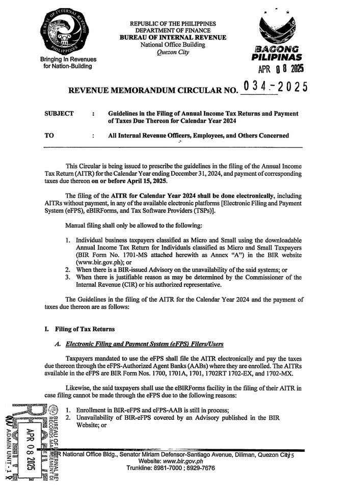 MarkGrabilloCPA's tweet photo. TAX ALERT!

BIR sets guidelines on filing Annual Income Tax Returns (AITR) for Taxable Year 2024

• Mandatory e-filing for most taxpayers via eFPS, eBIRForms, or TSPs
• Manual filing using BIR Form No. 1701-MS is allowed only for Micro and Small taxpayer

#MAGCPA #BIRUpdates https://t.co/BT2MWpG6iQ
