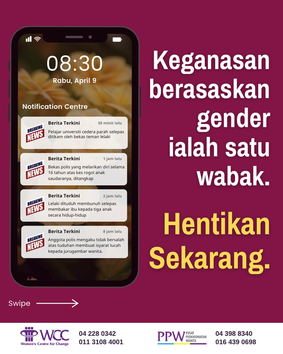 WCCPenang's tweet photo. Setiap hari, berita dipenuhi dengan kisah keganasan berasaskan gender. Ini bukan kejadian terpencil, ini ialah satu wabak. WCC tidak akan berhenti bersuara. Hentikan keganasan sekarang.
#KeganasanBerasaskanGender #GBV #Wabak https://t.co/Gabyj6MZCC