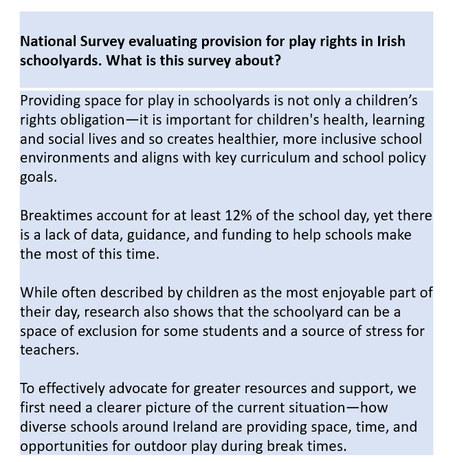 Faculty of Education, Mary Immaculate College. (@miceducationfac) on Twitter photo Calling all teachers & schools 📣 National Survey on play rights in primary schoolyards is live! Play is vital for health, learning & inclusion—yet we lack data. Help us build the case for support. 💬 Share widely forms.office.com/e/eQzrMCB8Dq #EdChat <a href="/UCC/">UCC Ireland</a> Calling all teachers & schools 📣 National Survey on play rights in primary schoolyards is live! Play is vital for health, learning & inclusion—yet we lack data. Help us build the case for support. 💬 Share widely forms.office.com/e/eQzrMCB8Dq #EdChat <a href="/UCC/">UCC Ireland</a>