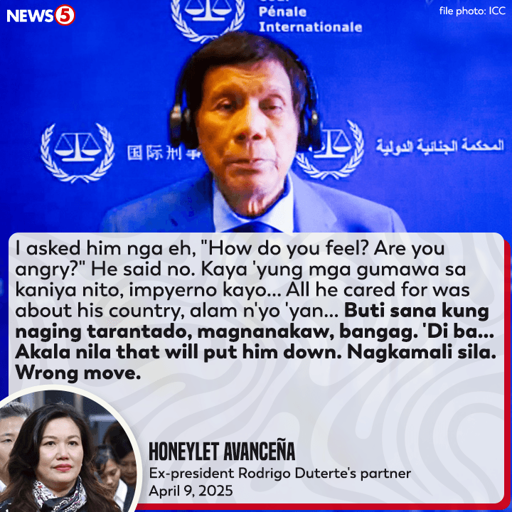 News5PH's tweet photo. 'NAGKAMALI SILA. WRONG MOVE.'

Ito ang mensahe ni Honeylet Avanceña, common-law wife ni dating pangulong Rodrigo Duterte, sa mga posibleng nasa likod ng pagkakaaresto at pagdetene sa dating pangulo sa The Hague, Netherlands. #News5 | via Mon Gualvez https://t.co/KHsAhM3ogU