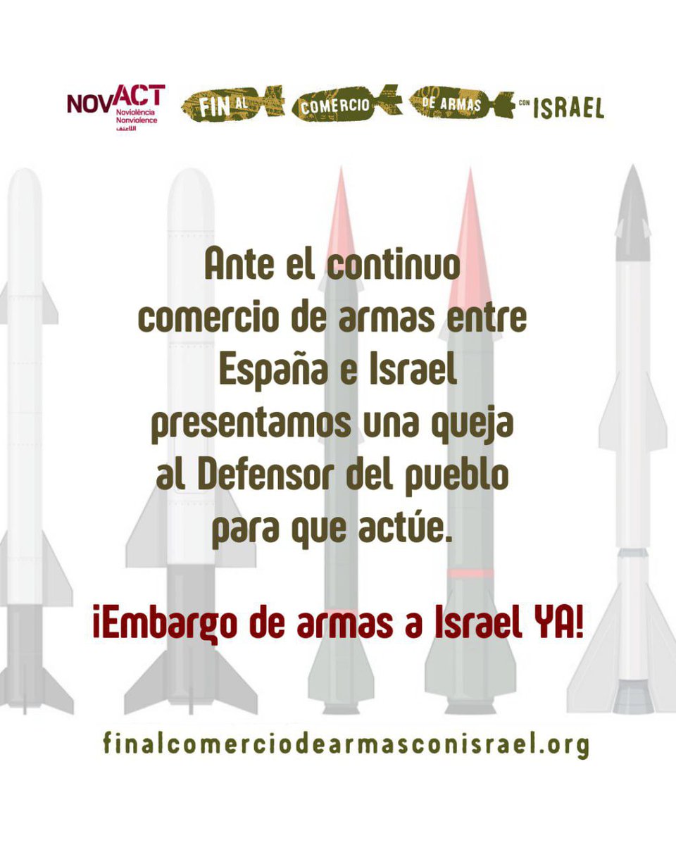 🚨Espanya continua venent, comprant i permetent el trànsit d’armes a Israel.

600 organitzacions de la societat civil, juntament amb la <a href="/RESCOP1/">RESCOP</a> exigim a <a href="/desdelamoncloa/">La Moncloa</a> que imposi un #embargament total d’armes, que talli la col·laboració militar amb Israel.

#SinEmbargoSeguimos