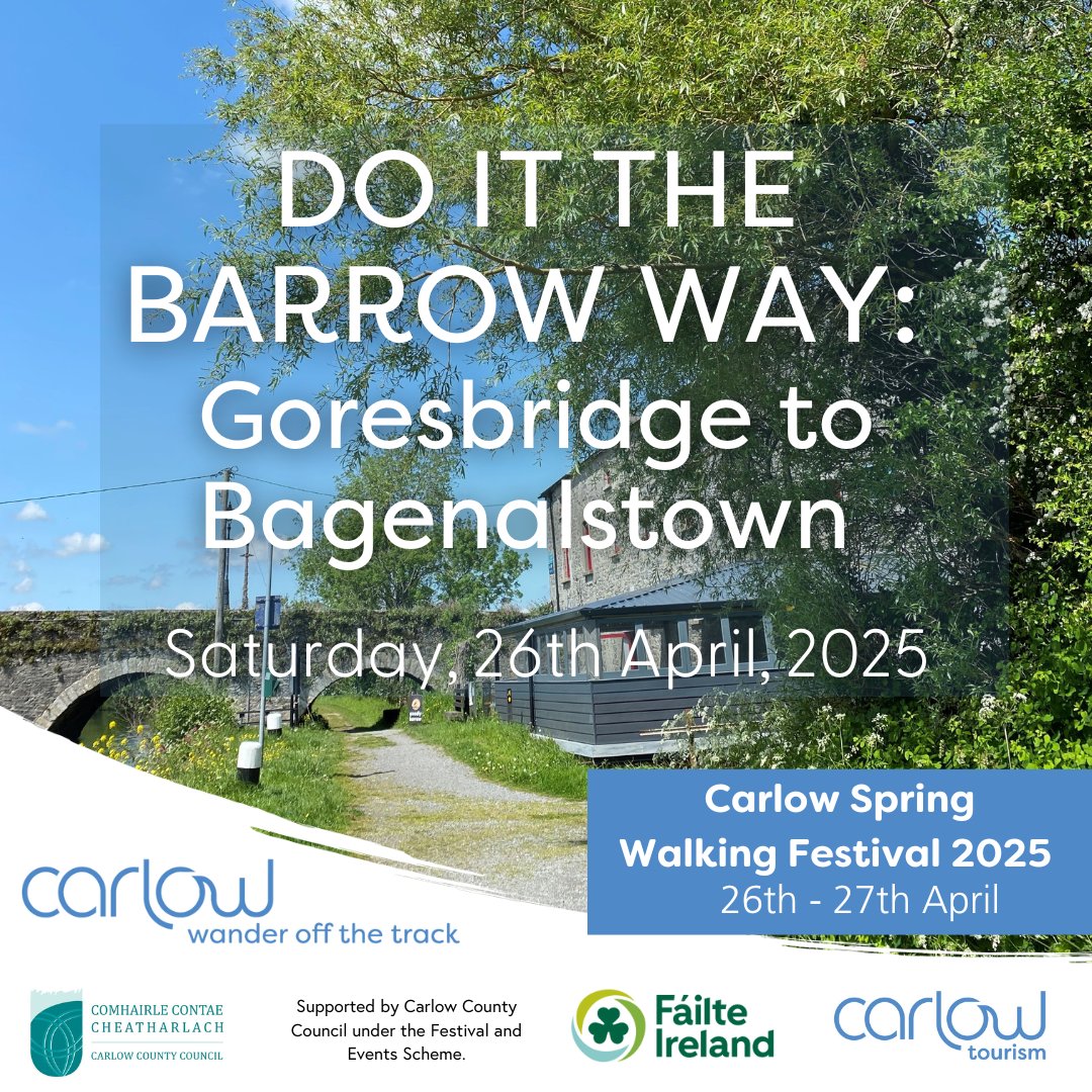 carlowtourism's tweet photo. Join us on Saturday, April 26th for scenic walks along the River Barrow! Explore from Goresbridge to Bagenalstown. Learn about the river’s history &amp; enjoy breathtaking views. 🌿

Book now: https://t.co/ngtYe04qz2

@Carlow_Co_Co @Failte_Ireland  #WanderOffTheTrack https://t.co/p4KWa9d64r