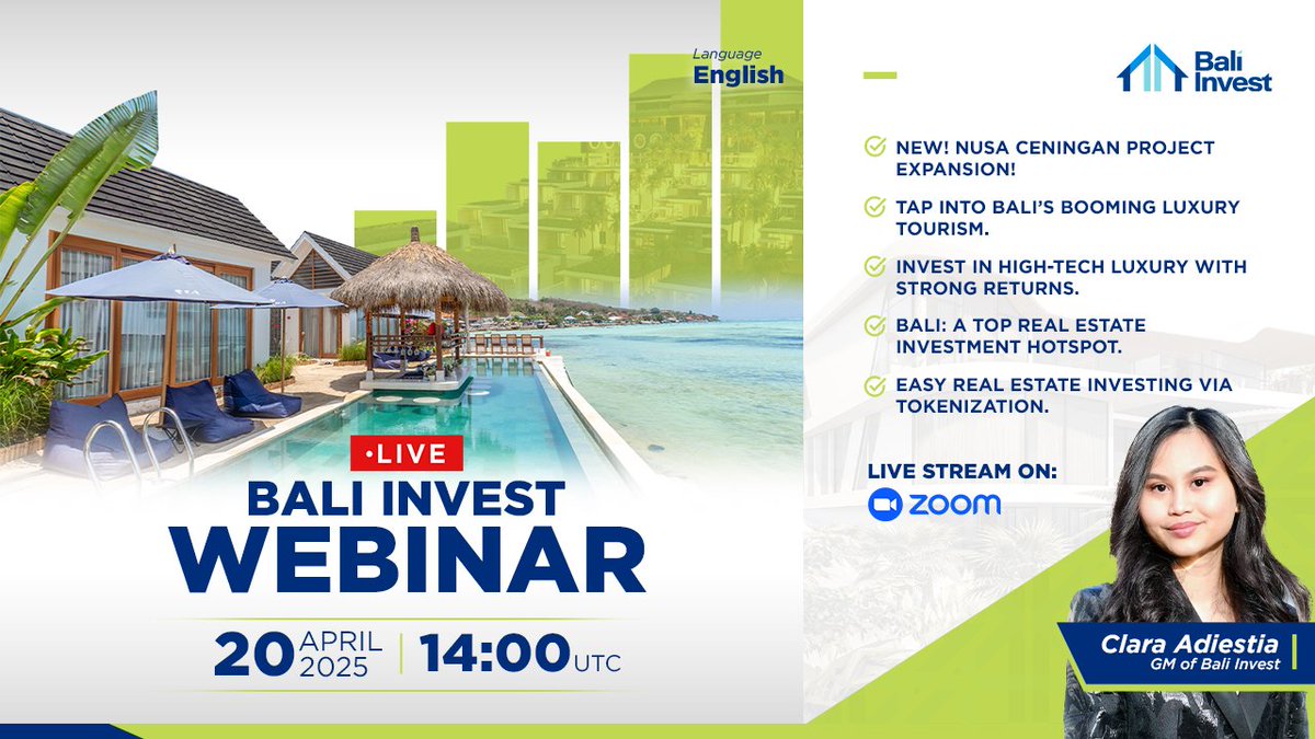 BaliInvestRWA's tweet photo. Bali’s luxury real estate boom is calling. Will you answer?

Join us live on Zoom for a deep dive into Bali’s booming luxury tourism & real estate scene.

What you’ll learn:
• Why Bali remains a high-yield investment destination
• How tokenization transforms real estate investing
• Exclusive insights into our new Nusa Ceningan development
• Tips to grow your portfolio with tech-driven investments

Host: Clara Adiestia – General Manager, Bali Invest

Register: https://t.co/2wGdmygMAM

Don’t miss this opportunity to future-proof your portfolio.