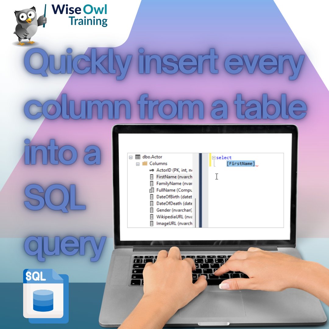 wiseowltraining's tweet image. In SQL Server Management Studio (SSMS) you can drag a column name from the Object Explorer window into a query.
wiseowl.co.uk/sql/tips/basic…
#SQL #sqltips #sqltraining