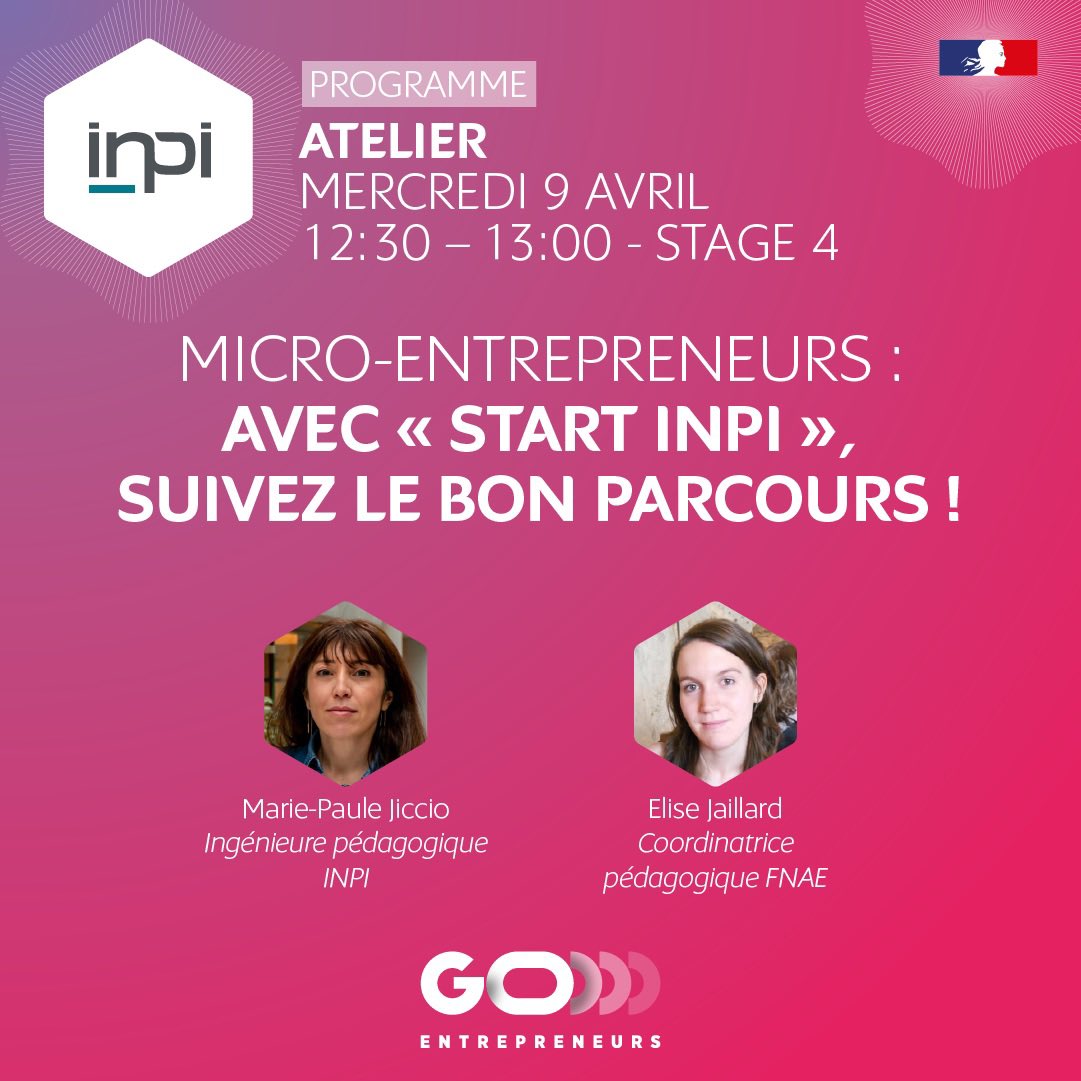 INPIFrance's tweet photo. 🔴 En direct de @GoEntrepreneurs 

🔔 Notre 1er atelier commence dans 10 minutes !

Retrouvez Marie-Paule Jiccio, ingénieure pédagogique #INPI et Élise Jaillard, coordinatrice pédagogique à la @FnaeFrance pour notre atelier :

« Micro-Entrepreneurs : avec Start INPI, suivez le bon parcours ! »

⏰ de 12h30 à 13h00
📍 Stage 4 

Go go go !