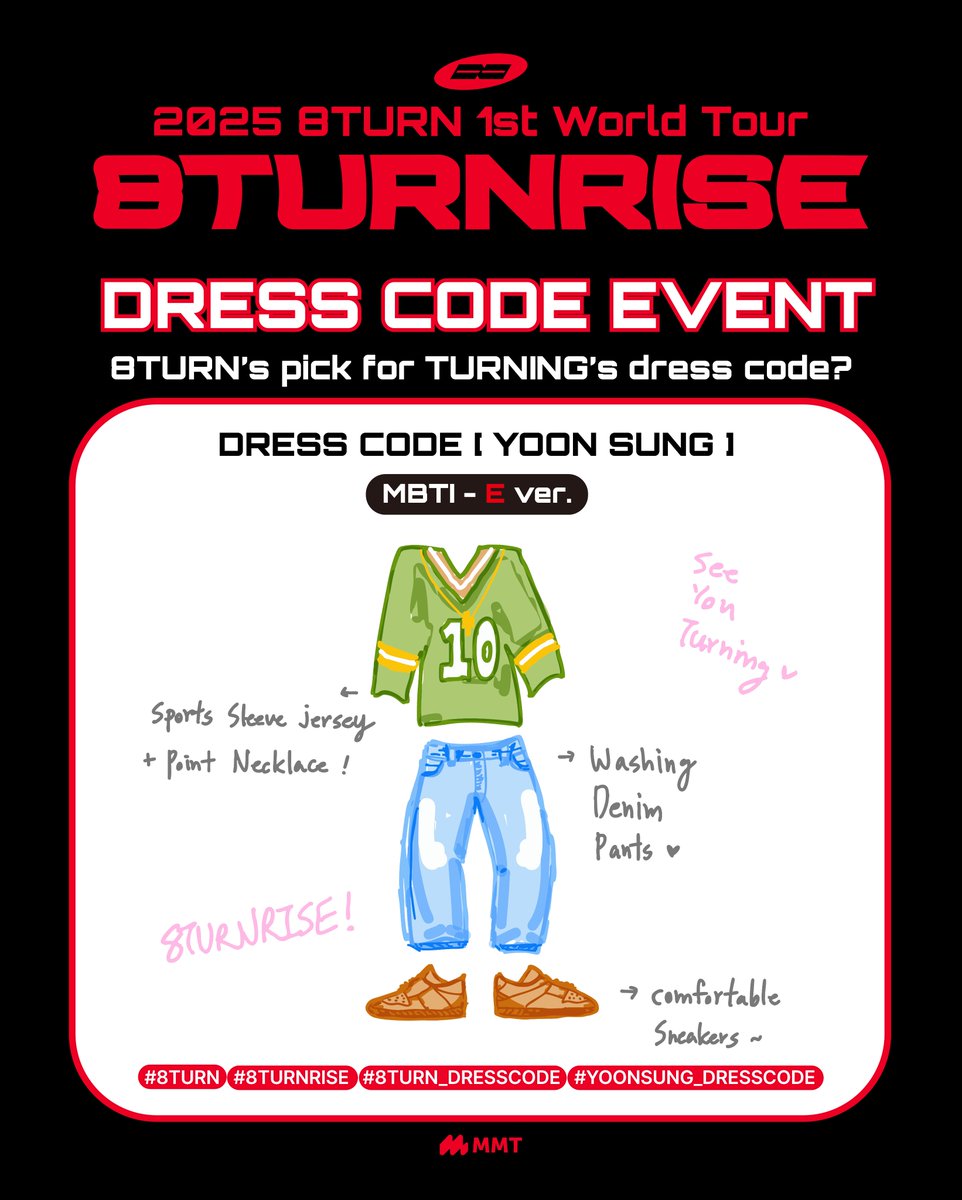 _mymusictaste's tweet photo. MBTI type: E? Then this lookโs for you!
#8TURN #8TURNRISE #8TURN_DRESSCODE #MINHO_DRESSCODE #YOONSUNG_DRESSCODE #KYUNGMIN_DRESSCODE #YUNGYU_DRESSCODE https://t.co/EvdmdxMqxz