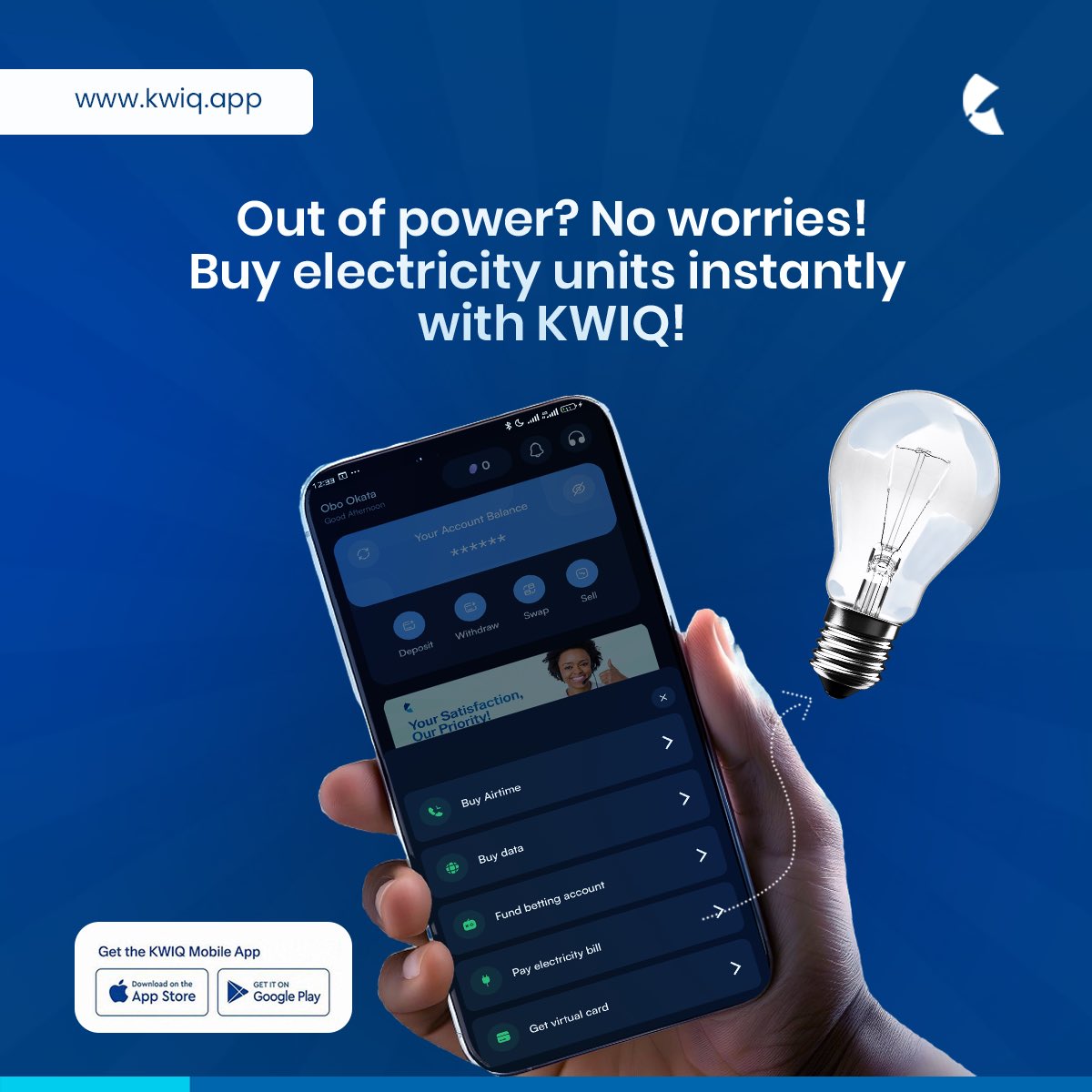 KwiqNg's tweet photo. Buy electricity units with KWIQ today!
#kwiqapp #kwiq #paybillswithkwiq #cryptotradingapp https://t.co/y6Wi9dsxUW