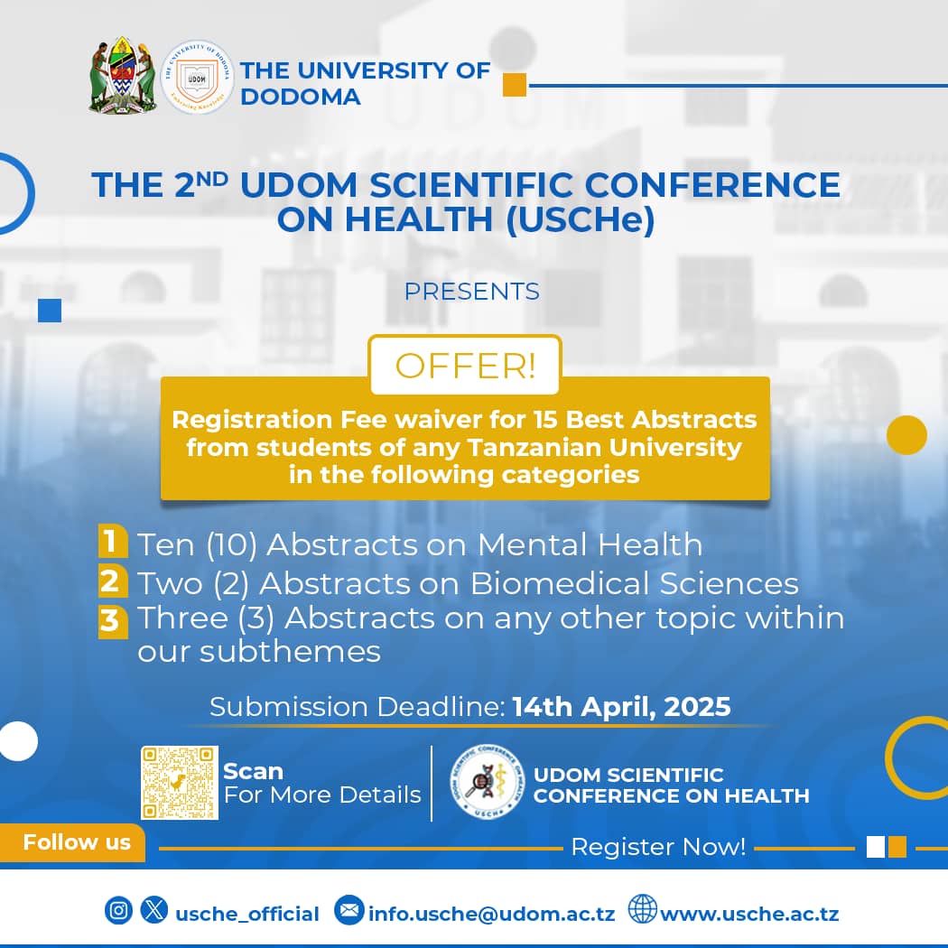 Katalam1Leonard's tweet photo. Deadline is fast approaching of abstract submission for the second @USCHe_official

Visit https://t.co/cUQhMuIVic or abstracts.usche@udom.ac.tz to submit your abstract today &amp; secure your seat.

Waiver is still available for abstract from Tanzanian University Students.
#USCHe2025 https://t.co/m5iz9KvB0t
