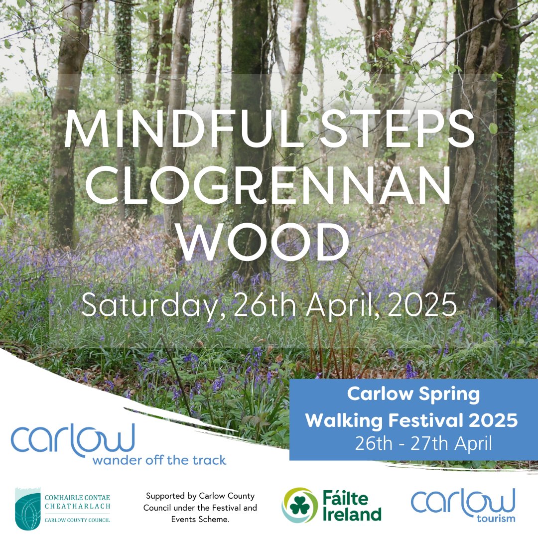 carlowtourism's tweet photo. Join mindfulness expert Mary Clare Harte for a restorative walk through Clogrennane Wood on April 25th! Immerse in nature &amp; learn tips for cultivating a positive mindset 🌿🧘‍♀️

Book now: https://t.co/79A0TIWh9W

@Carlow_Co_Co @Failte_Ireland #WanderOffTheTrack https://t.co/ebFUgfJ2Ic