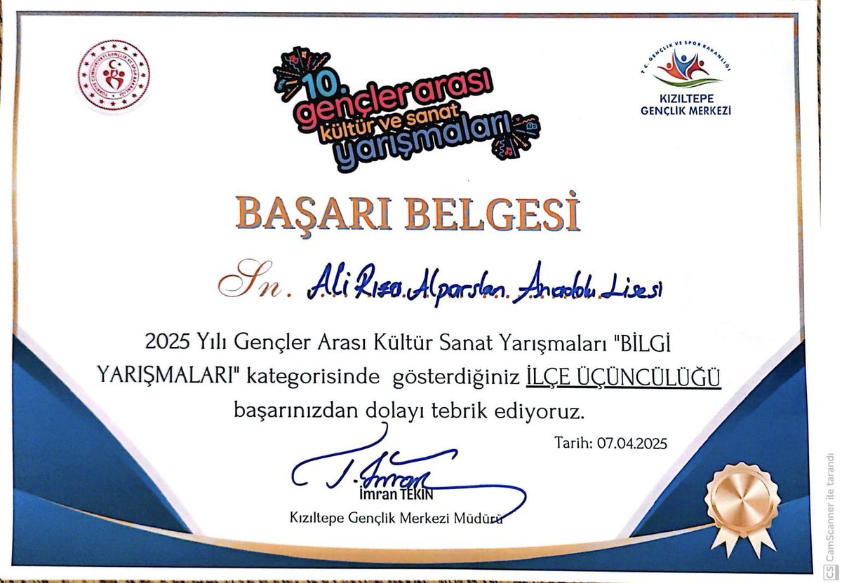 Okulumuz, Gençlik Merkezi’nin düzenlediği 2025 Bilgi Yarışması’nda 34 okul arasında ilçe 3.sü olmuştur. Öğrencilerimiz Ahmet Yiğit, Eyüp Ortaç ve Ramazan Sönmez’i tebrik ederiz.
<a href="/tcmeb/">Millî Eğitim Bakanlığı</a> 
<a href="/Yusuf__Tekin/">Yusuf Tekin</a> 
<a href="/ali_eyyupkoca/">Ali Eyyupkoca</a> 
<a href="/kzltepekymkmlk/">kızıltepe kaymakamlk</a> 
<a href="/SuleymnAKIN/">Süleyman AKIN🇹🇷</a> 
<a href="/akadirgms/">Abdulkadir Gümüş</a>