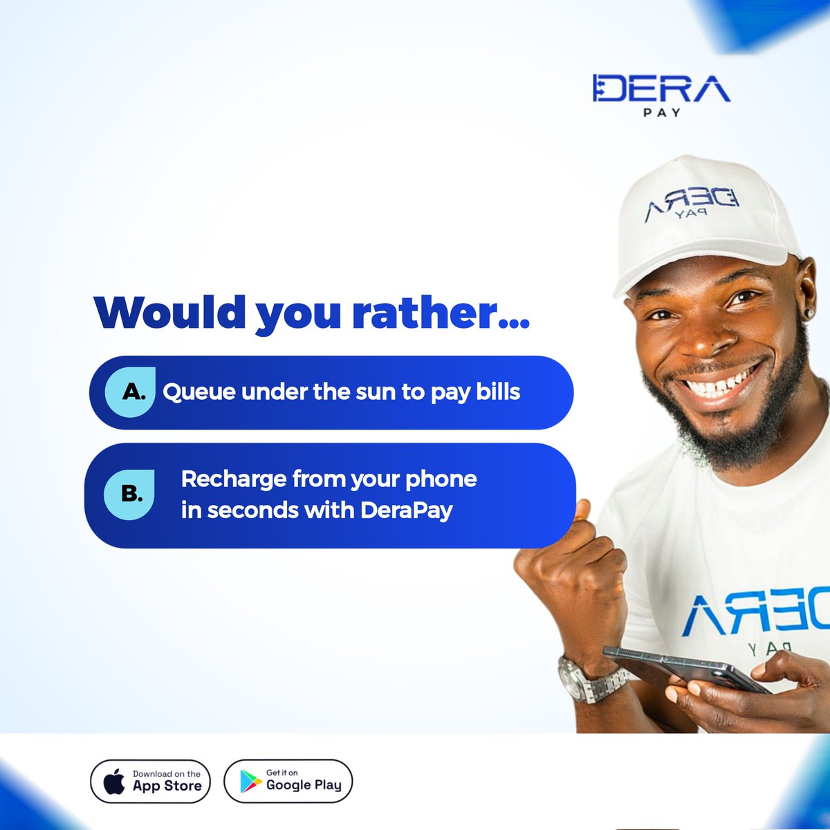 DeraPay's tweet photo. Would you rather sweat it out in a queue or chill while your bills get paid in seconds?
Yeah, we thought so.
DeraPay is almost here. Get ready to switch the game.
#derapay #billpayment #cryptoexchange #mobileapp https://t.co/zucCsTOWXN