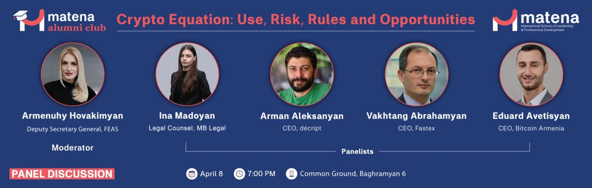 AtaixEurasia's tweet photo. Great insights shared at the "Crypto Equation" fishbowl discussion in Yerevan, a collaboration between #ATAIXEurasia & @MatenaSchool. We explored the future of #crypto in Armenia with key industry players
#Armenia #Blockchain #Matena #MatenaSchool https://t.co/5gKCLeMIeJ