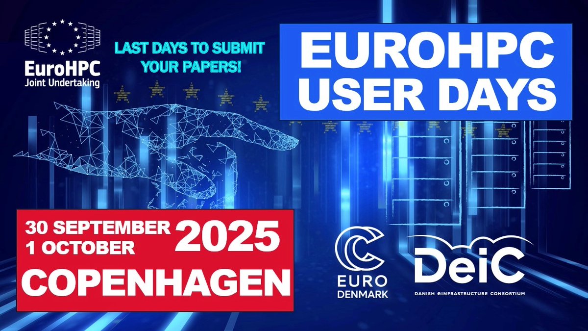 EuroHPC_JU's tweet photo. 📣Call for Papers - Deadline extended!
Submit your paper for the #EuroHPCUserDays (30 Sep - 1 Oct 2025) & present your work using #EuroHPC resources.
Accepted papers will be published in the Elsevier Procedia.
📅Submit your project by 30 April 2025!
🔗 https://t.co/4HByhBh9ZW https://t.co/ZnKcWU4s3m