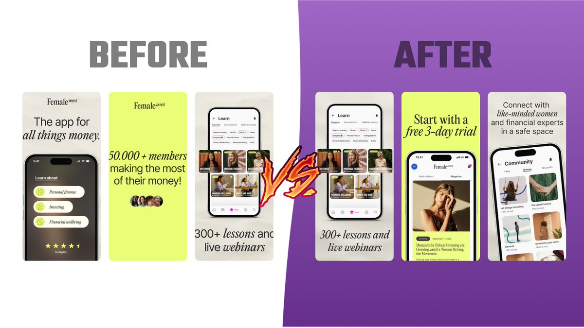 appassassins_'s tweet photo. @FemaleInvest went from simple to standout.
Bolder colors. Clearer flow. Stronger community energy.
#FemaleInvest #aso #appgrowth #mobileapp https://t.co/3xFHFNjHTa