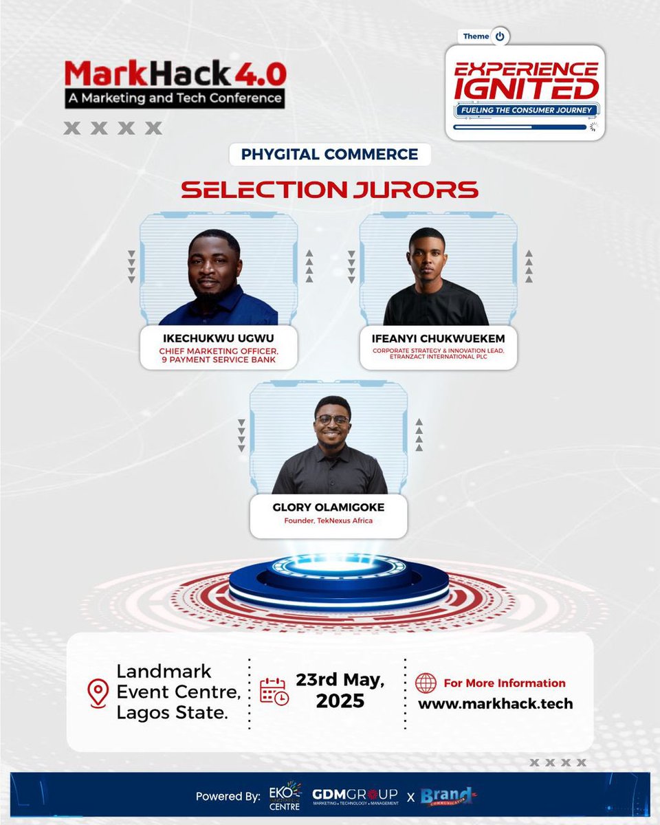 themarkhack's tweet photo. Meet the Phygital Commerce Selection Jurors!

Today, these three industry trailblazers are evaluating the startups pitching innovative solutions that bridge physical and digital commerce:
- Ikechukwu Ugwu – Chief Marketing Officer, 9 Payment Service Bank https://t.co/C47cbaOrIK