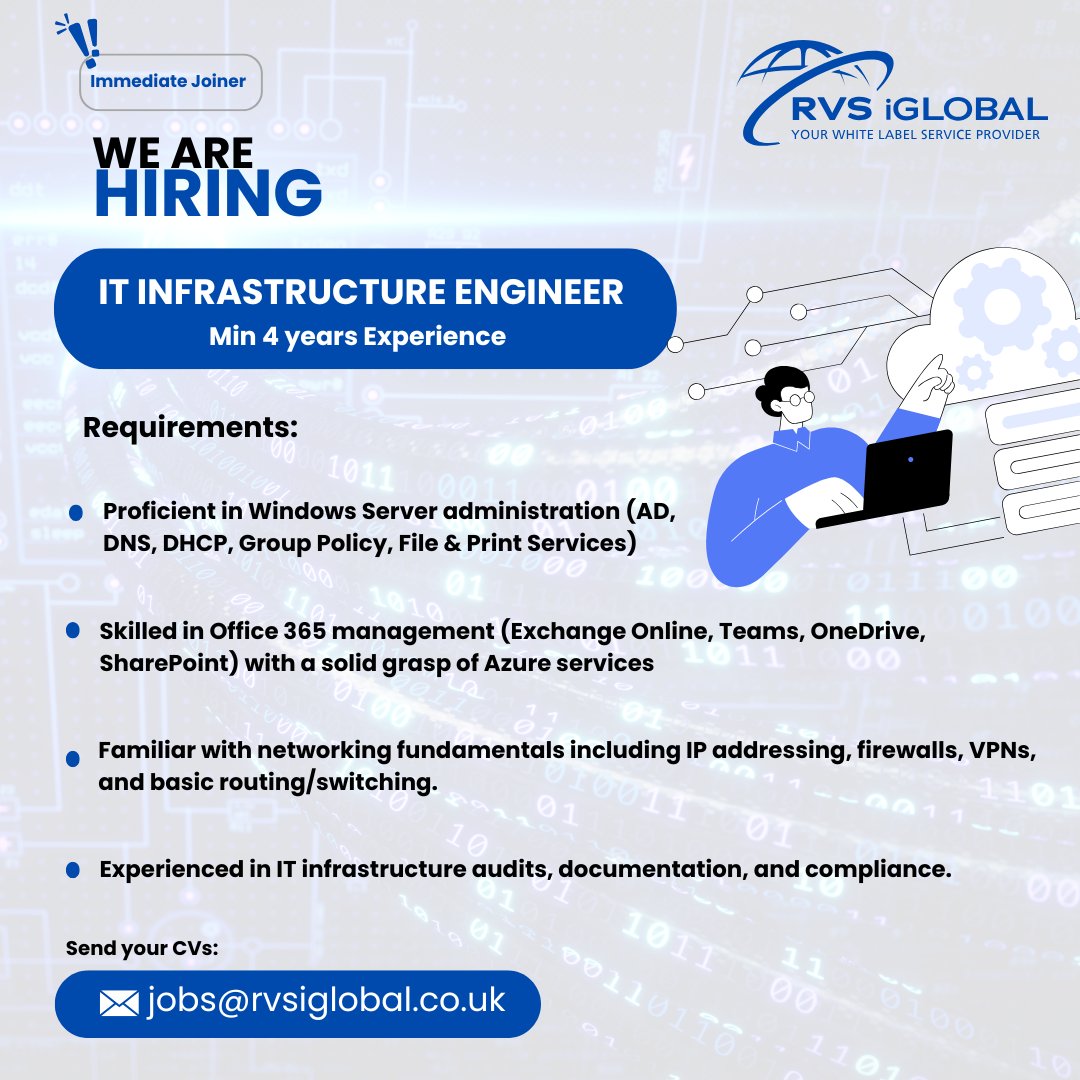 rvsiglobal's tweet photo. We're Hiring an IT Infrastructure Engineer!

RVS iGlobal is looking for an immediate joiner with strong experience in server &amp; network management, Office 365, and IT audits.

Send your CV to jobs@rvsiglobal.co.uk.

#ImmediateJoiner #JammuJobs #InfrastructureEnginee #HiringNow https://t.co/7UByhy2oN8