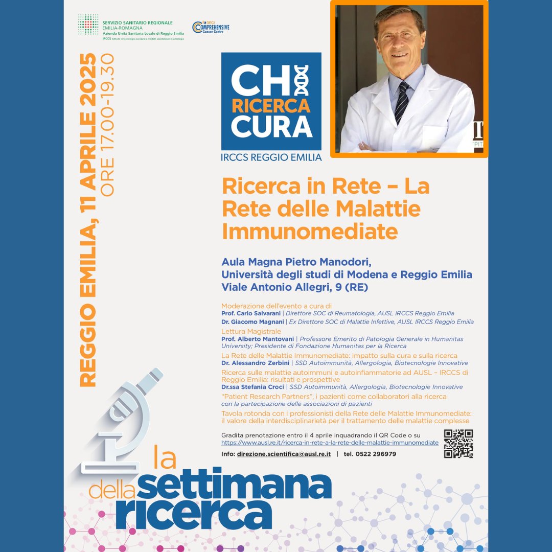 📷 L'immunologo Alberto Mantovani, Professore Emerito di Patologia Generale all’Humanitas University  parteciperà  per la "Settimana della Ricerca 2025" all’evento “Ricerca in Rete - La Rete delle Malattie Immunomediate”.
ausl.re.it/limmunologo-al…...