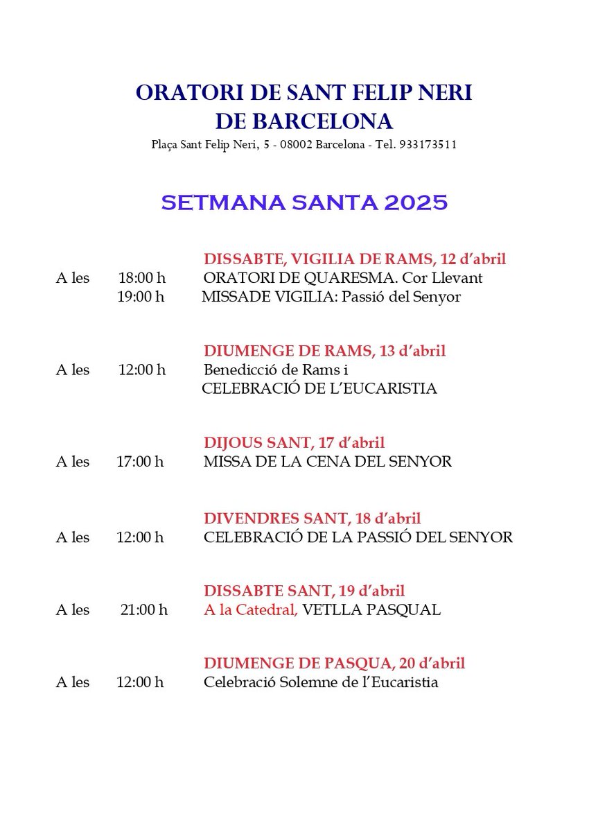 🗓️ Setmana Santa 2025 a l'Oratori de Sant Felip Neri de Barcelona

🎶 Les activitats inclouen una combinació de celebracions tradicionals i de música sacra des de Diumenge de Rams fins al Diumenge de Pasqua.

👉 Consulteu els horaris: bit.ly/4cn2K4l